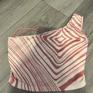 SHEIN Pink and White Geometric One-Shoulder Top